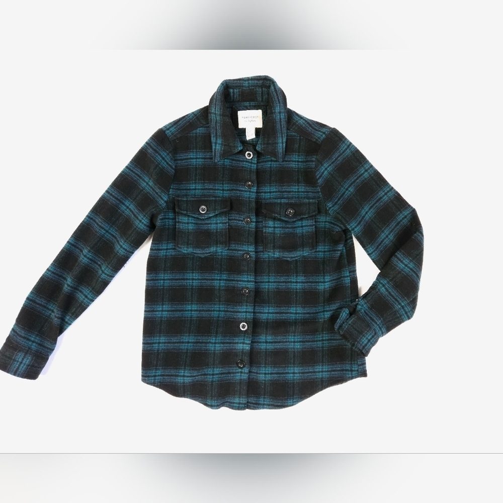 FOREVER 21 Button Down Long Sleeve Green Teal Plaid Wool Blend Shirt Womens S